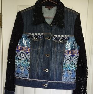 Blue Denim Embroidered Jean Jacket, Black Crocheted Lace Sleeves BOHO by MISHCA